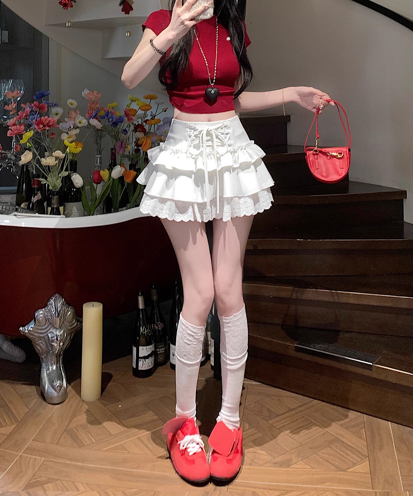 【HOOK】for girls レース切替フリルティアードミニスカート