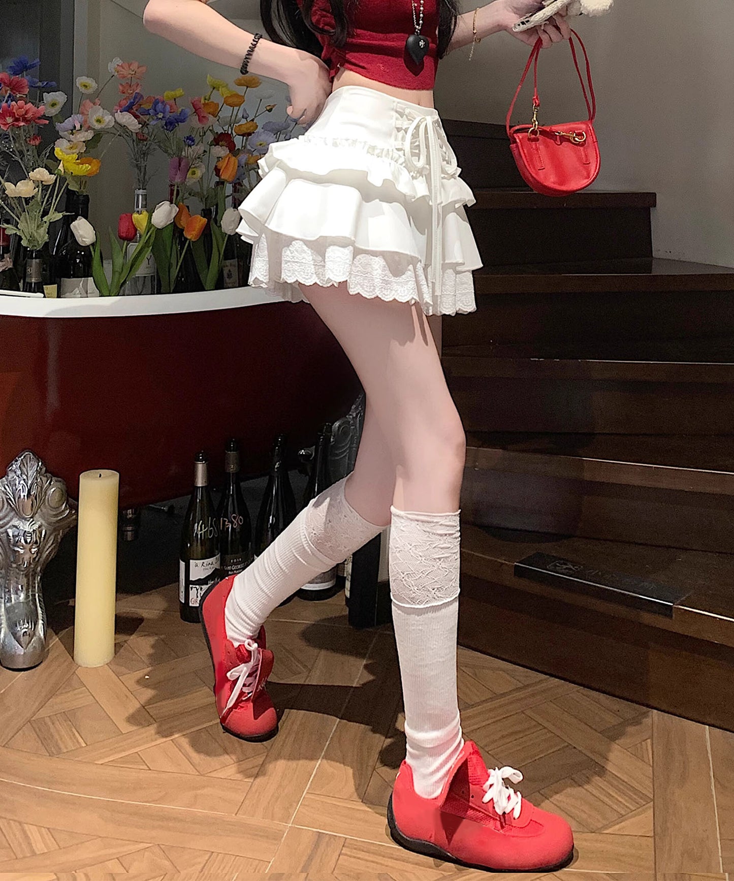 【HOOK】for girls レース切替フリルティアードミニスカート