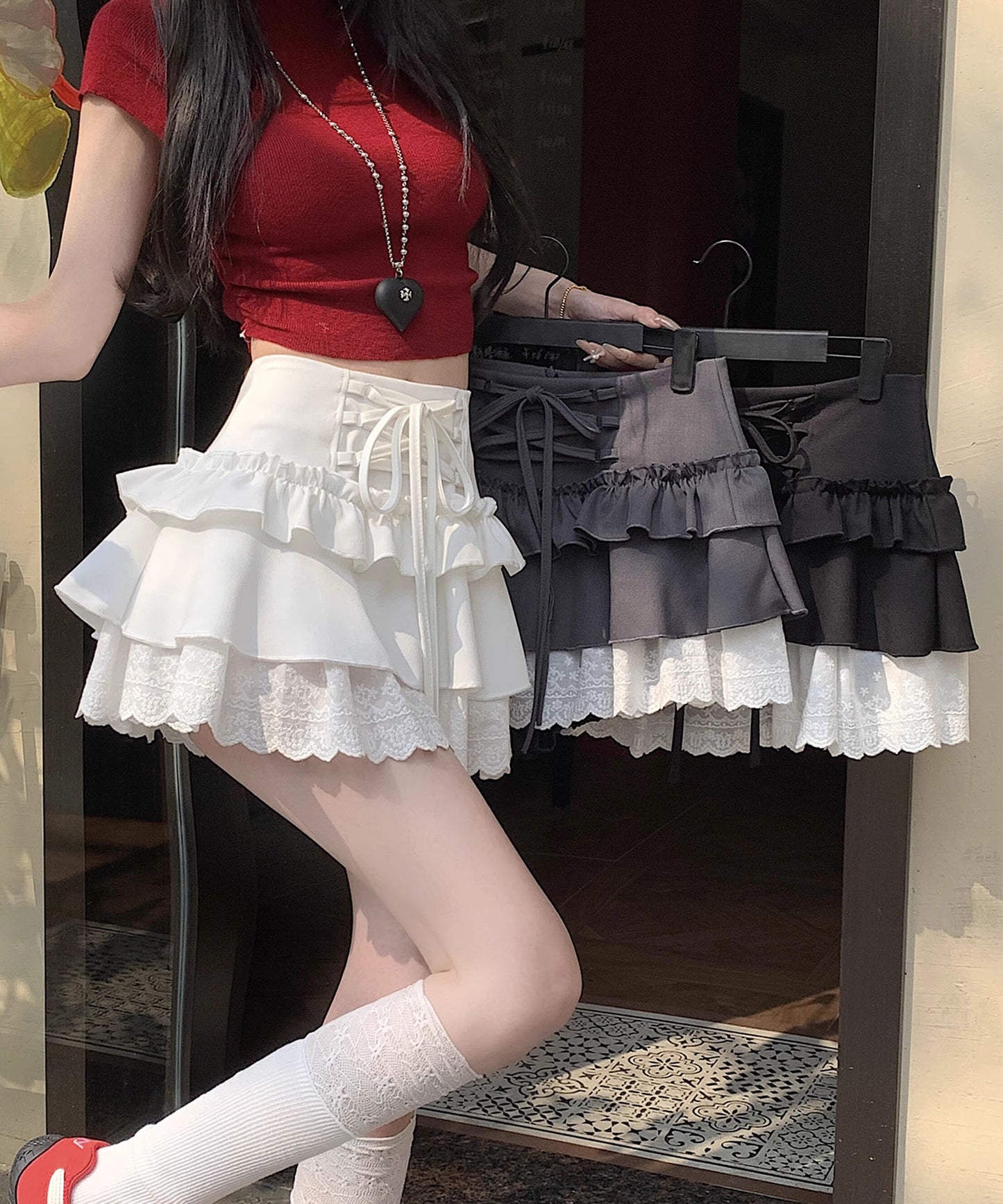 【HOOK】for girls レース切替フリルティアードミニスカート