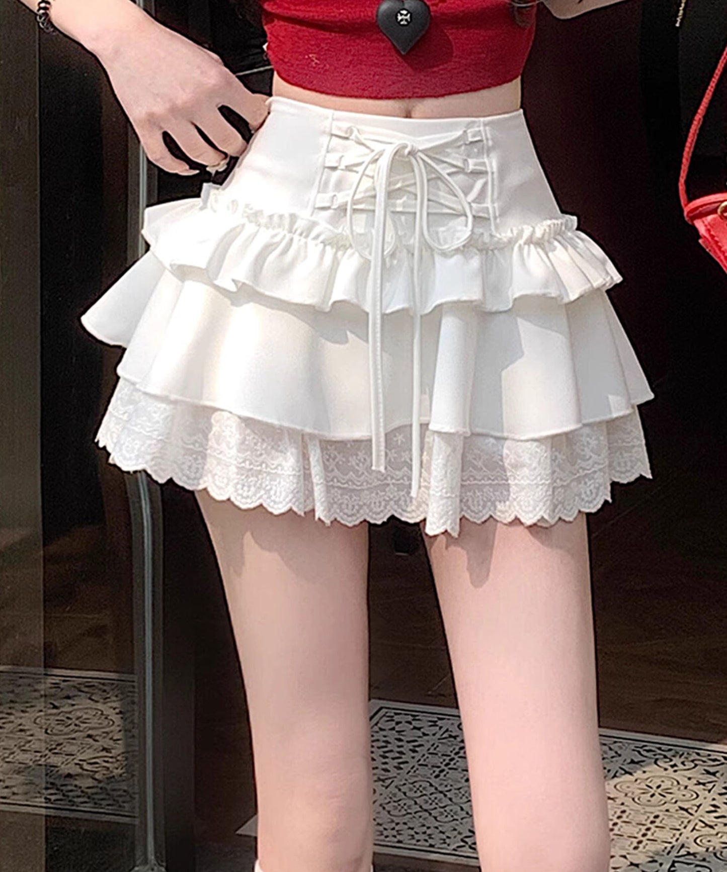 【HOOK】for girls レース切替フリルティアードミニスカート
