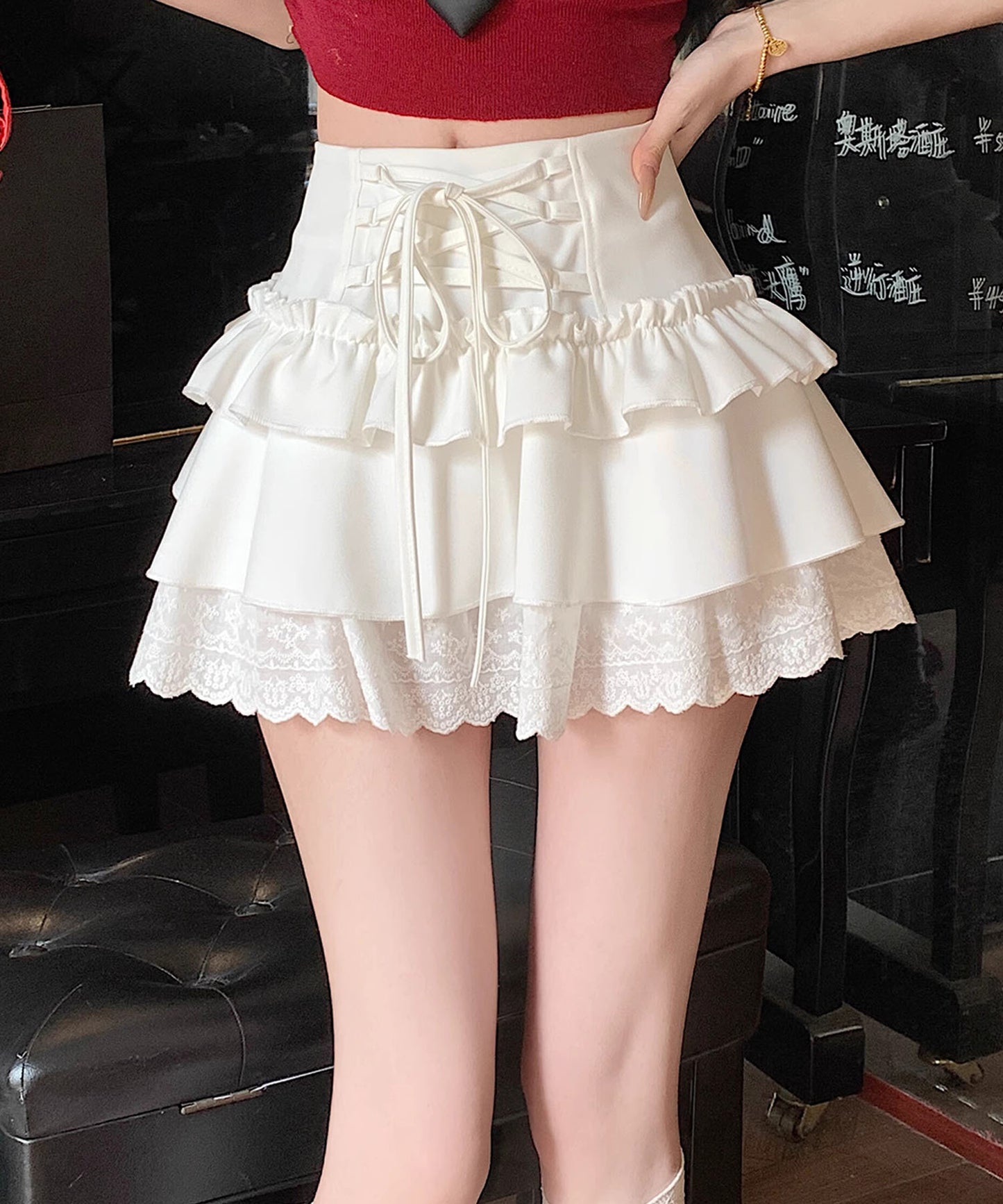 【HOOK】for girls レース切替フリルティアードミニスカート
