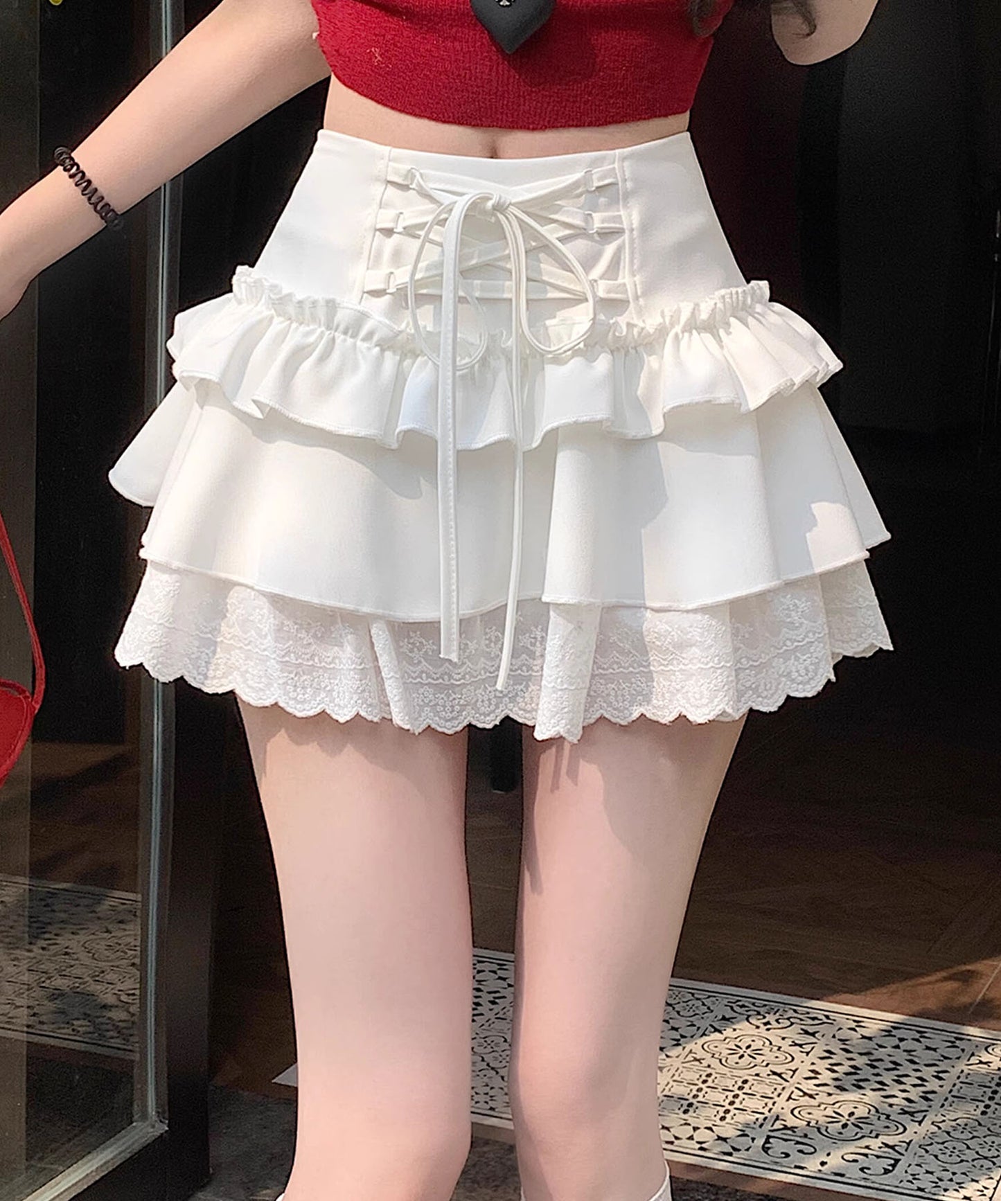 【HOOK】for girls レース切替フリルティアードミニスカート