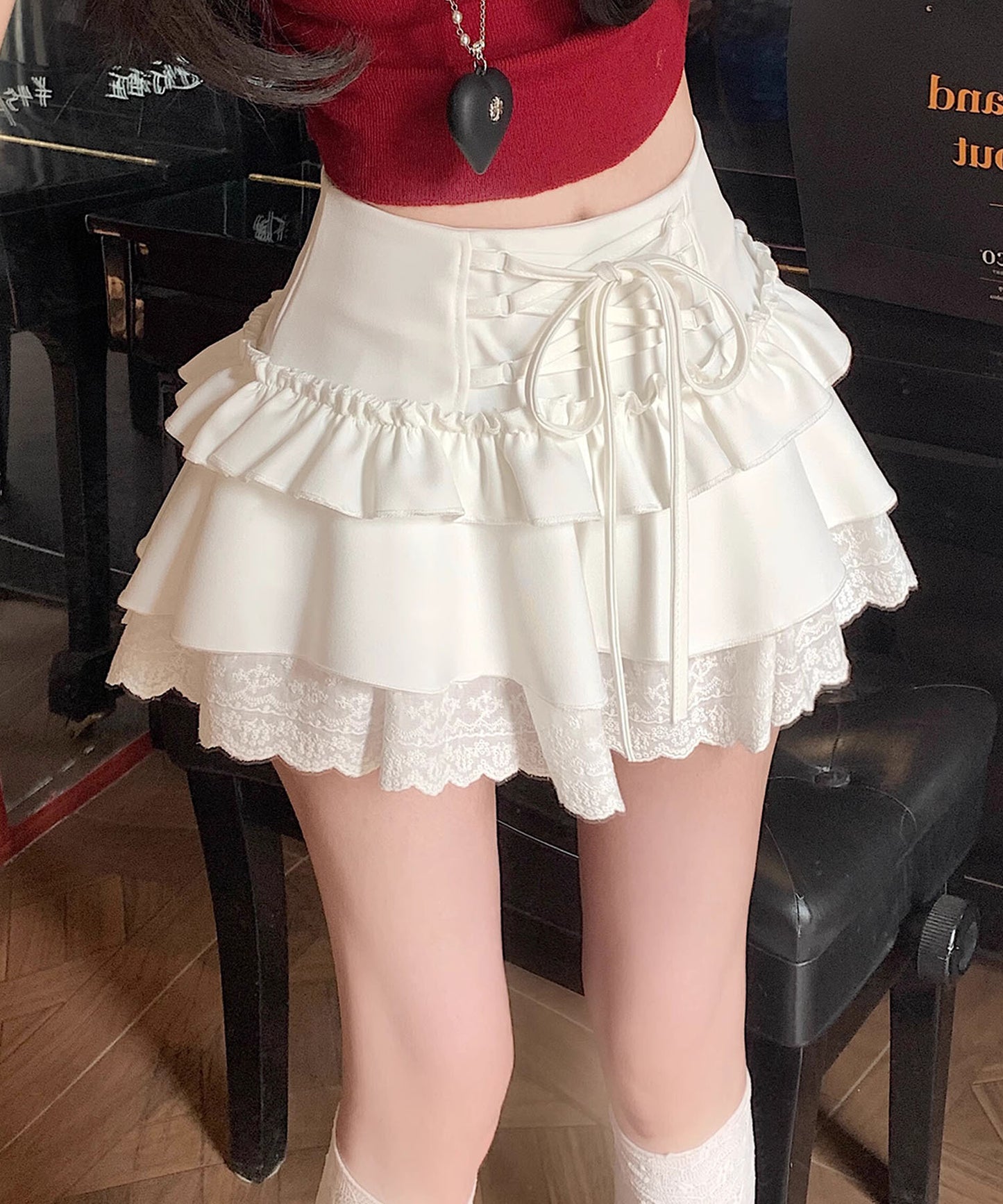 【HOOK】for girls レース切替フリルティアードミニスカート