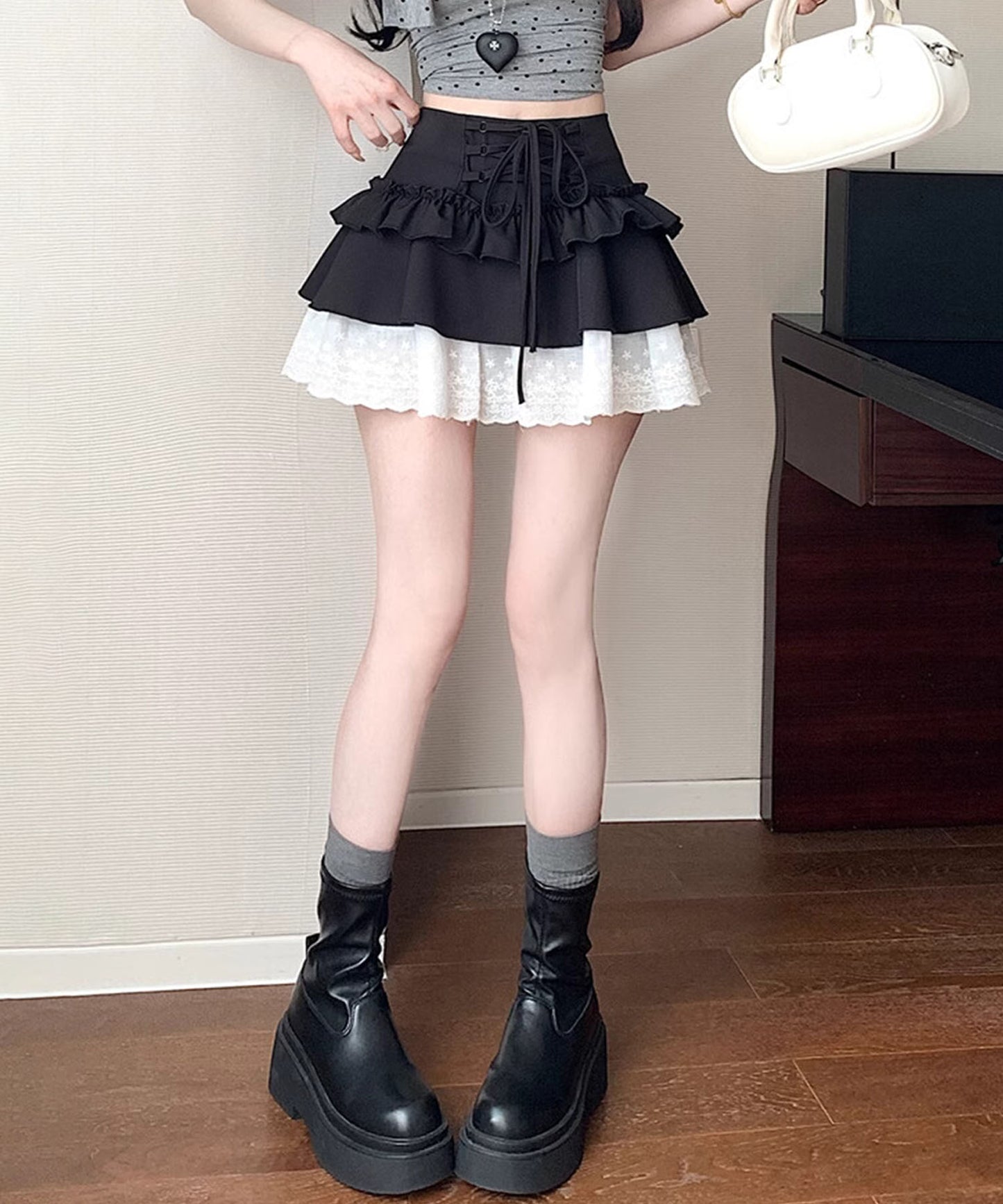【HOOK】for girls レース切替フリルティアードミニスカート