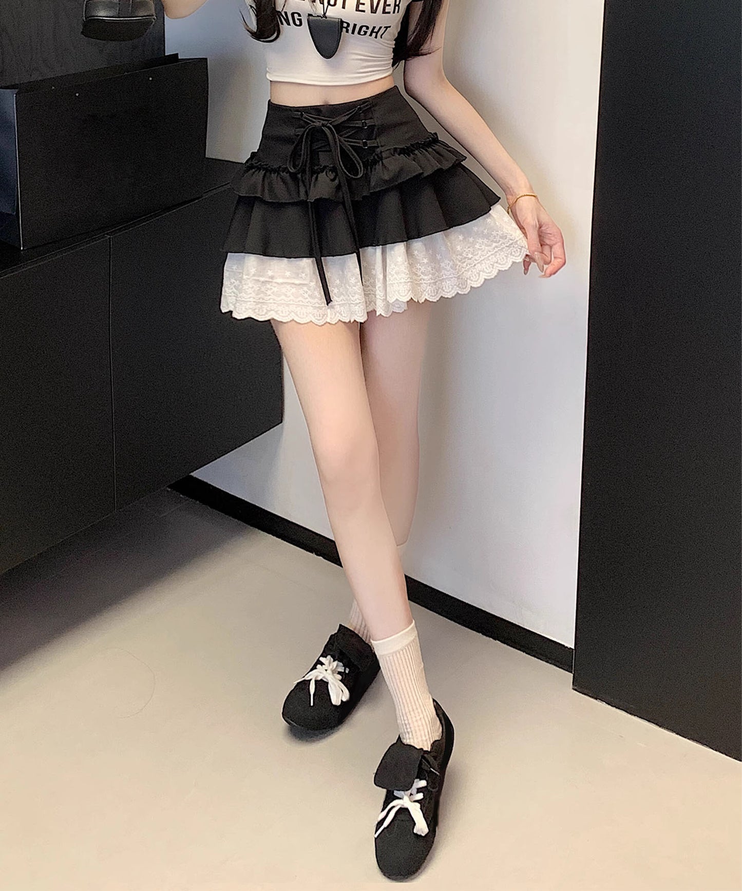 【HOOK】for girls レース切替フリルティアードミニスカート