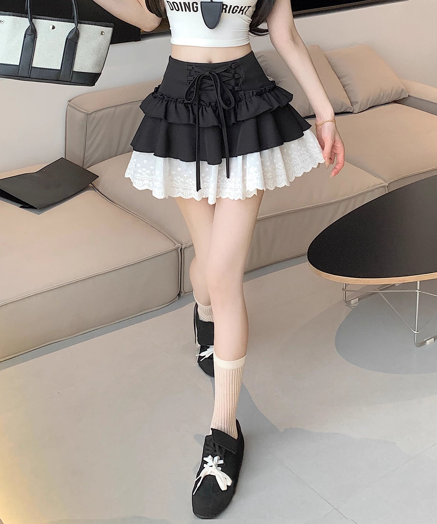 【HOOK】for girls レース切替フリルティアードミニスカート