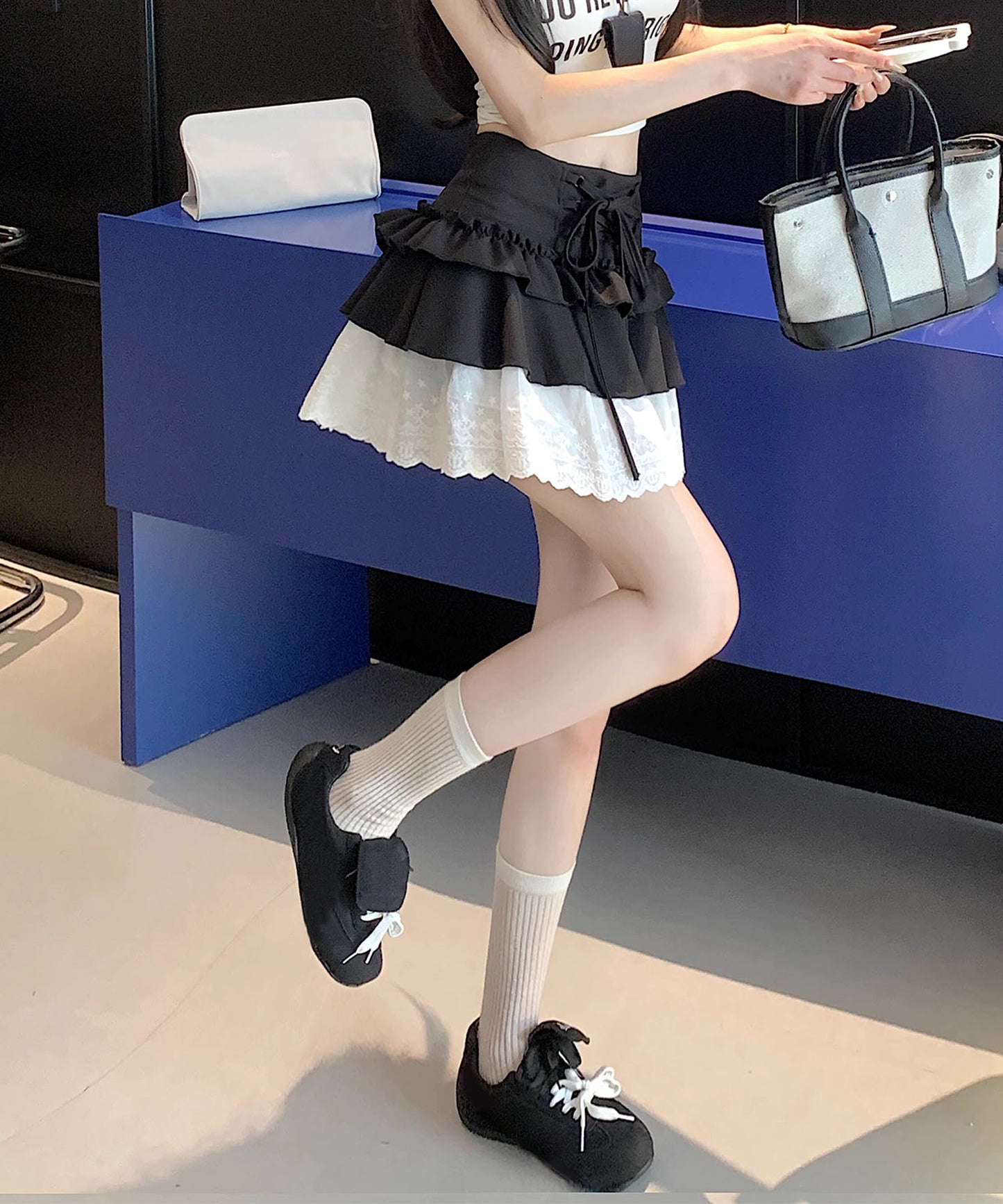 【HOOK】for girls レース切替フリルティアードミニスカート