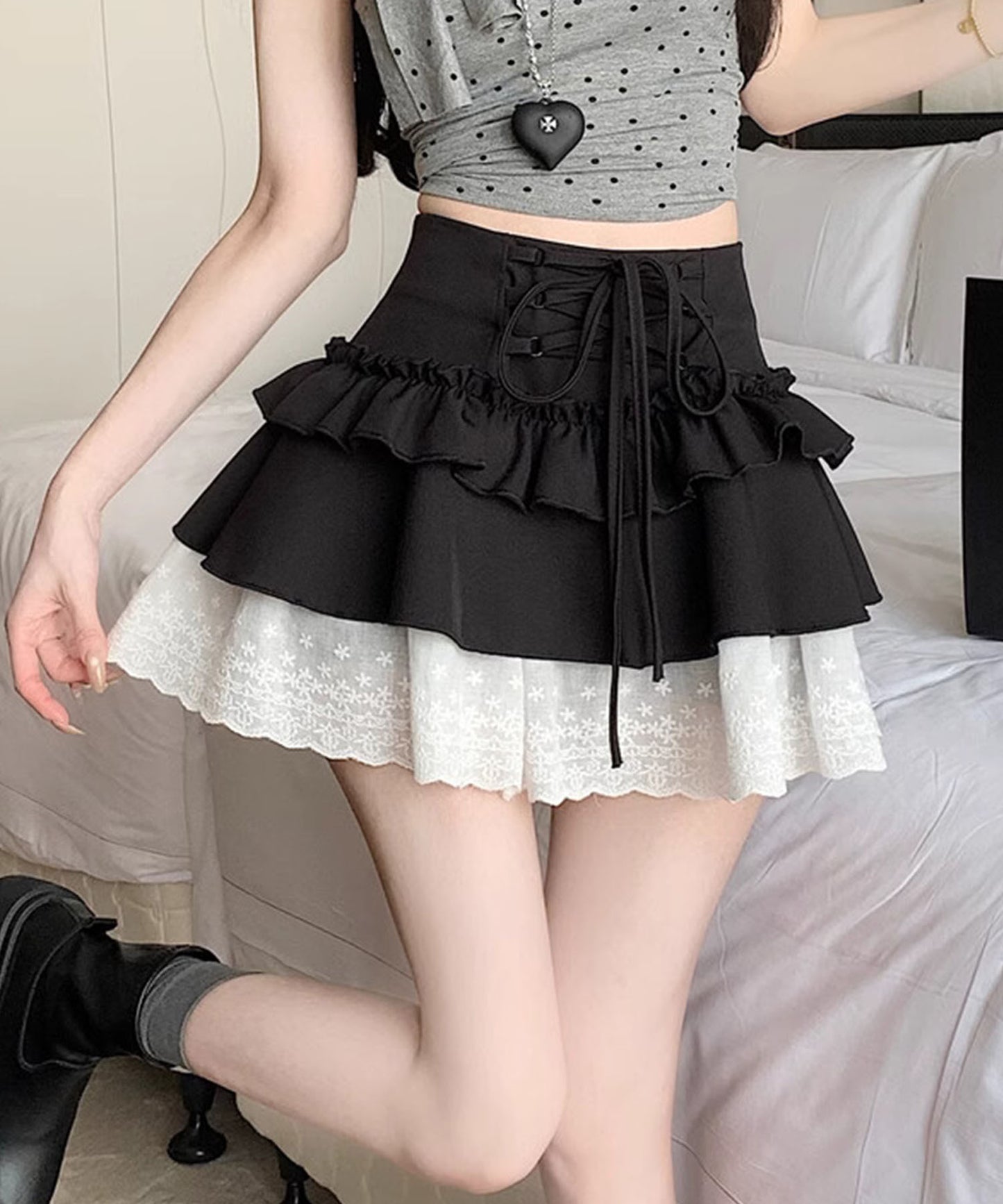 【HOOK】for girls レース切替フリルティアードミニスカート