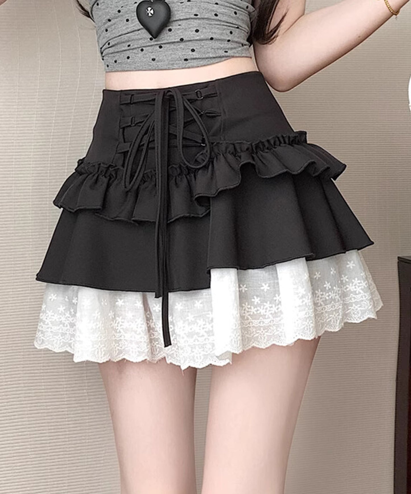【HOOK】for girls レース切替フリルティアードミニスカート