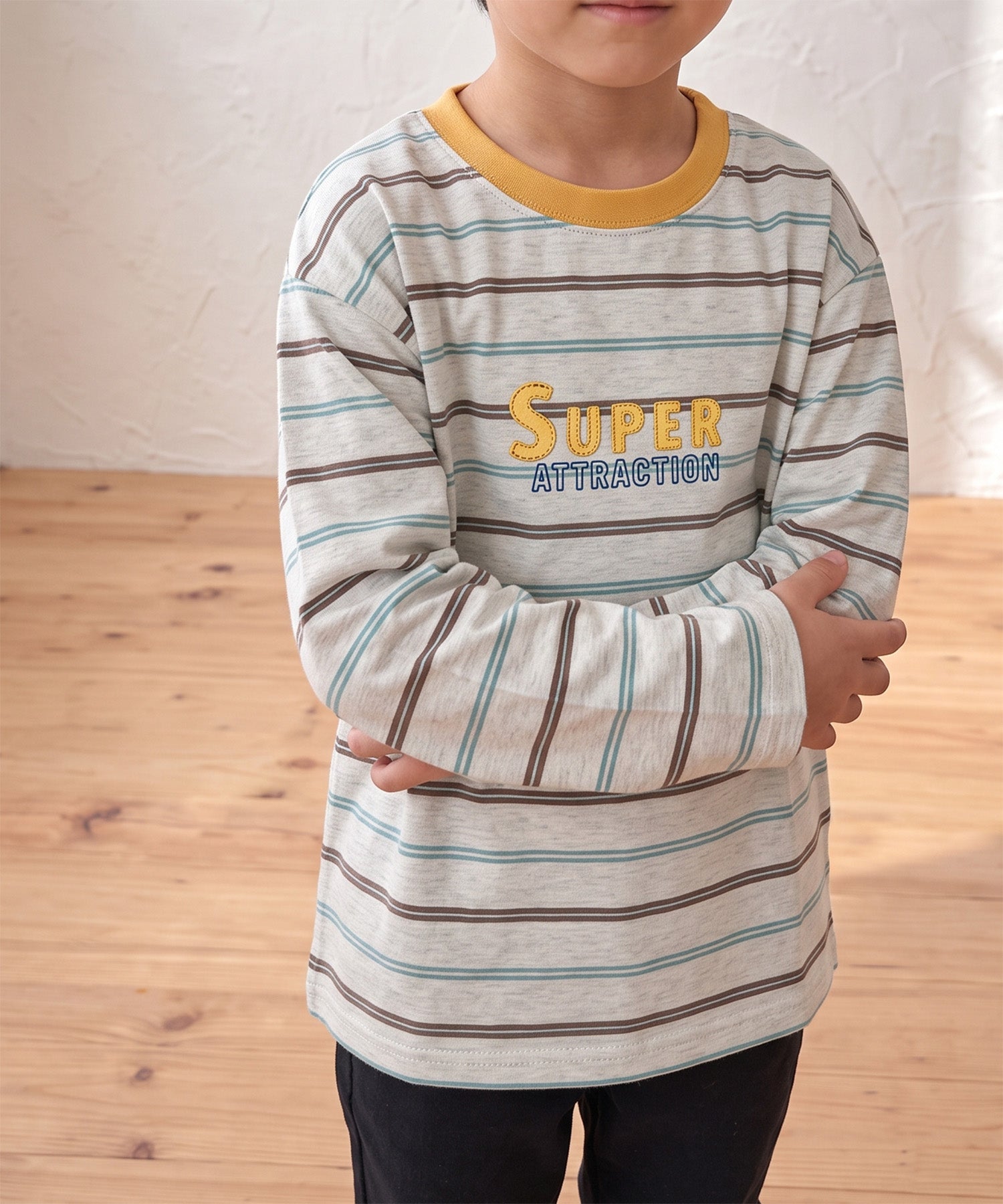 【aimoha KIDS】【ユニセックス】配色ボーダー長袖ロゴTシャツ