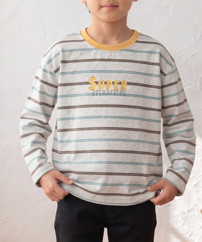 【aimoha KIDS】【ユニセックス】配色ボーダー長袖ロゴTシャツ