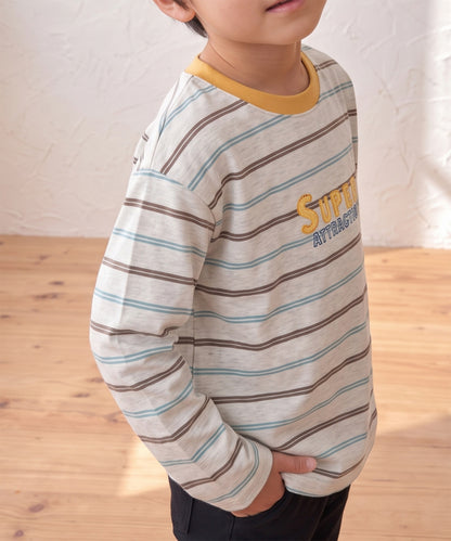 【aimoha KIDS】【ユニセックス】配色ボーダー長袖ロゴTシャツ