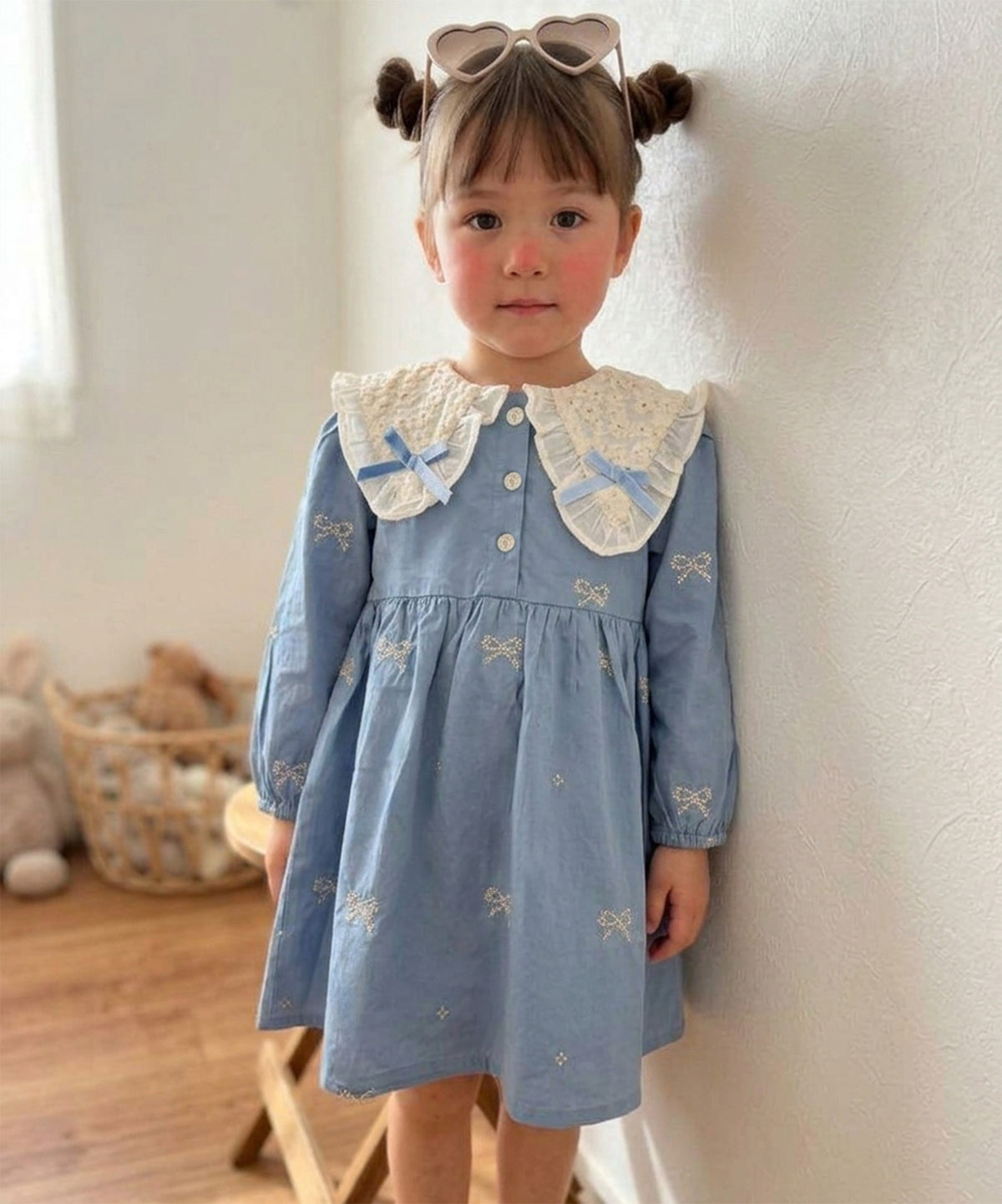 【aimoha KIDS】【90-130cm】レース襟リボン刺繍ワンピース