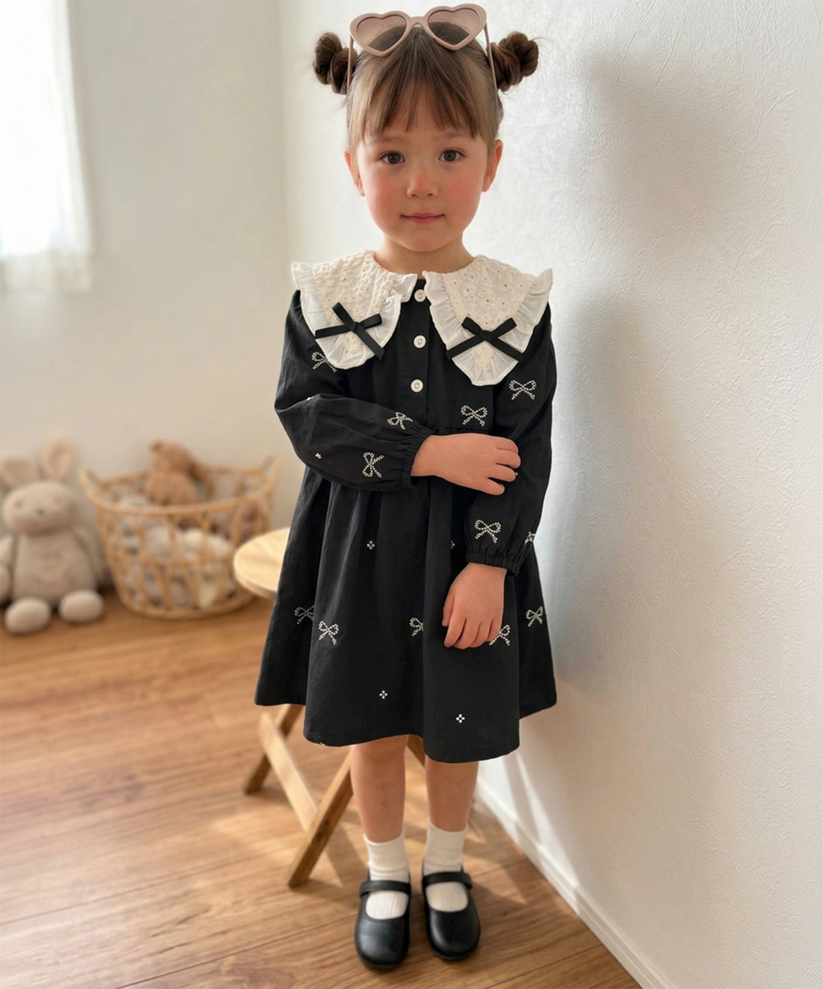 【aimoha KIDS】【90-130cm】レース襟リボン刺繍ワンピース