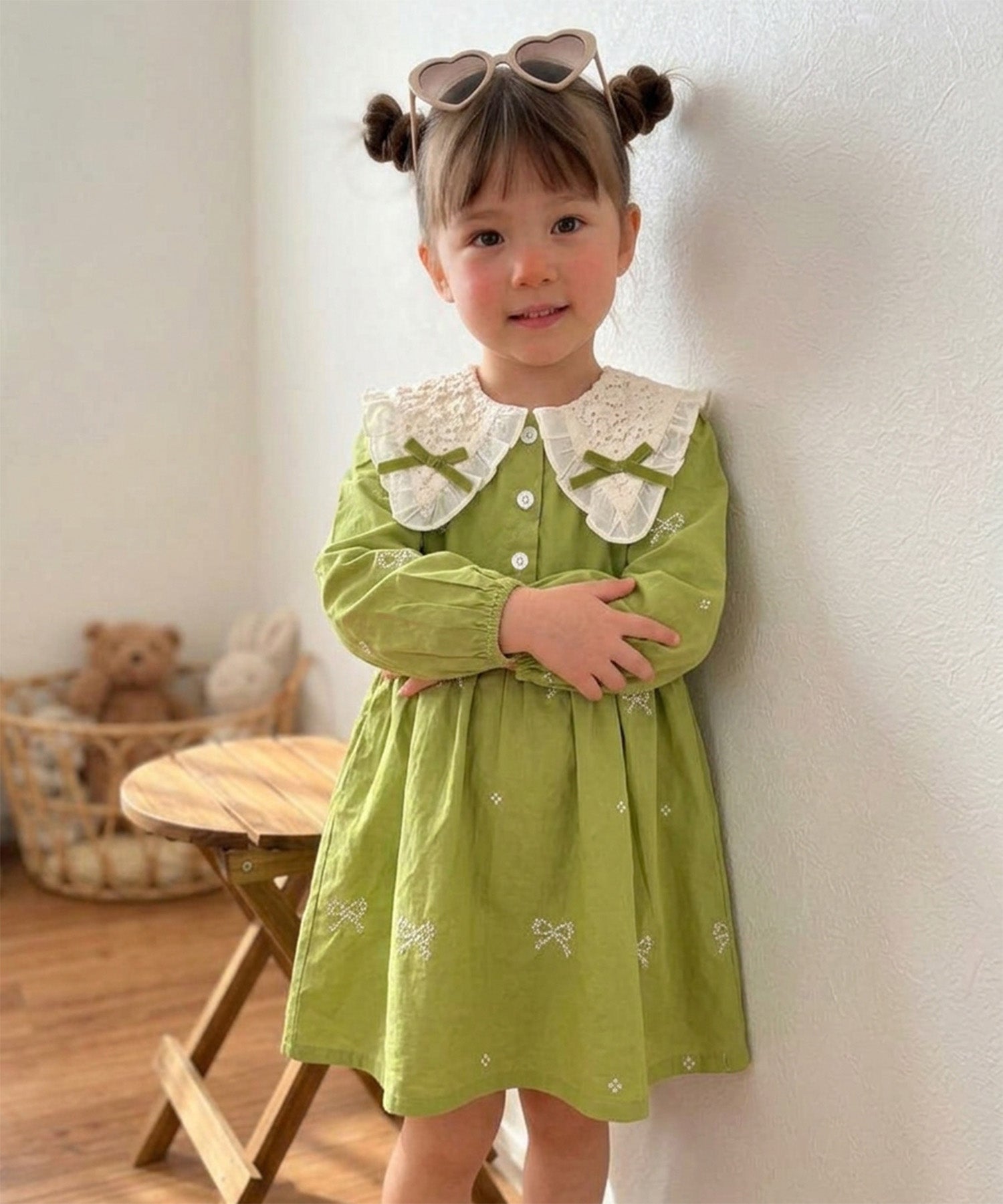 【aimoha KIDS】【90-130cm】レース襟リボン刺繍ワンピース