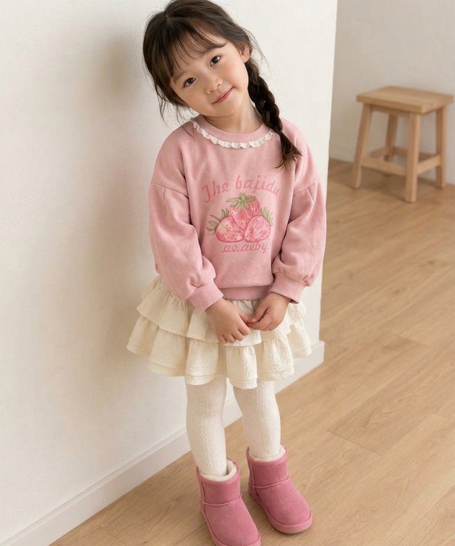 【aimoha KIDS】【90-130cm】いちごプリントパフスリーブ長袖Tシャツ