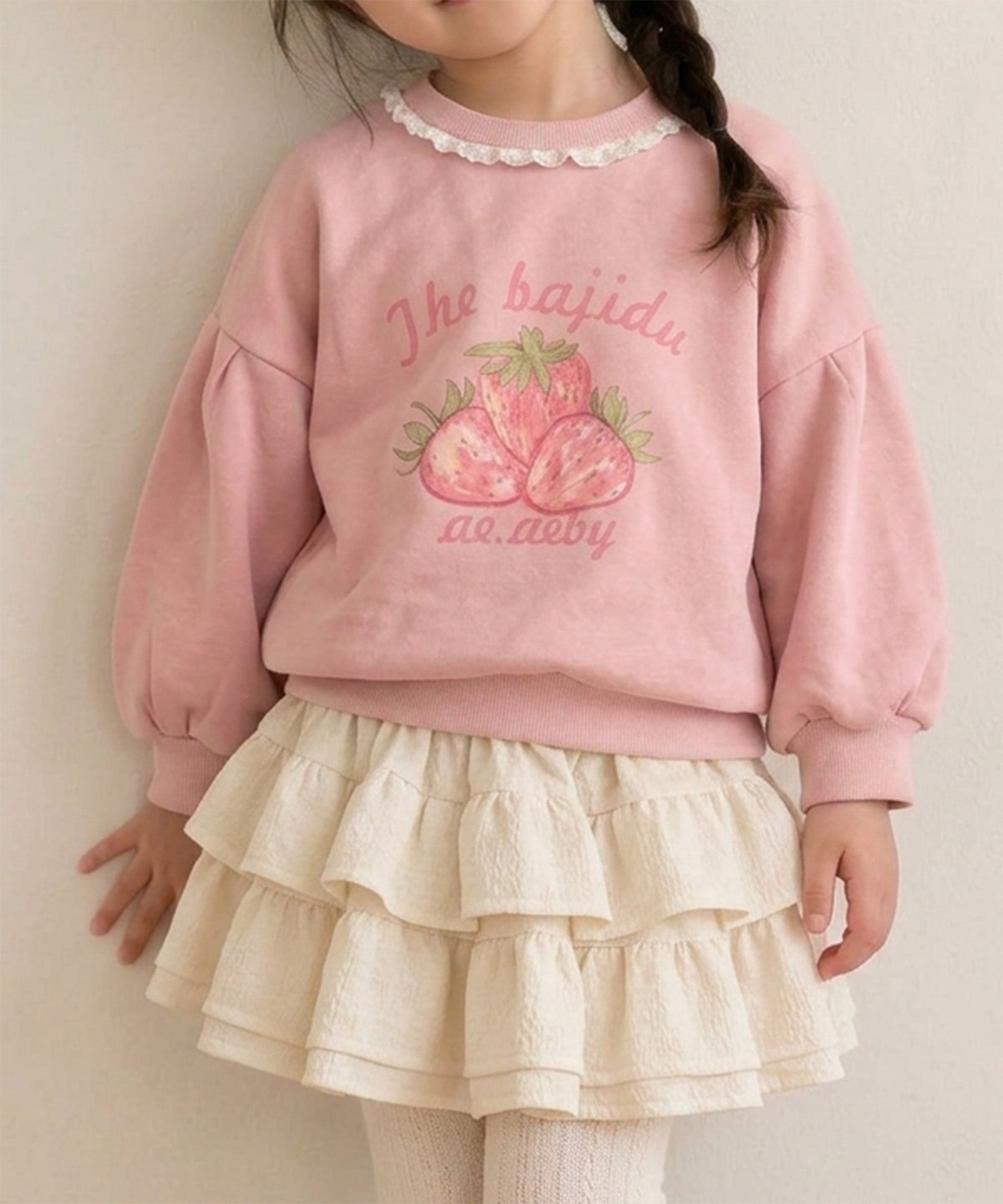 【aimoha KIDS】【90-130cm】いちごプリントパフスリーブ長袖Tシャツ