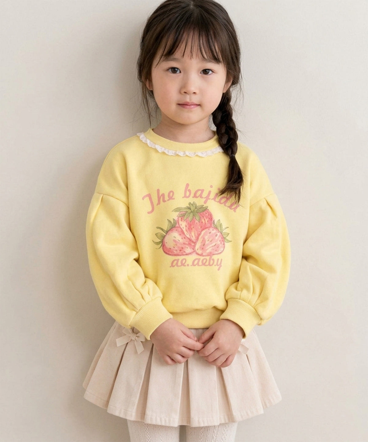 【aimoha KIDS】【90-130cm】いちごプリントパフスリーブ長袖Tシャツ