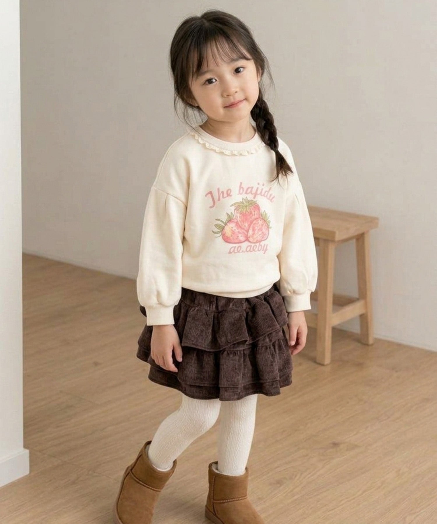 【aimoha KIDS】【90-130cm】いちごプリントパフスリーブ長袖Tシャツ