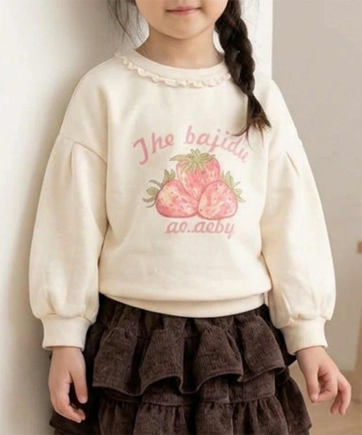 【aimoha KIDS】【90-130cm】いちごプリントパフスリーブ長袖Tシャツ