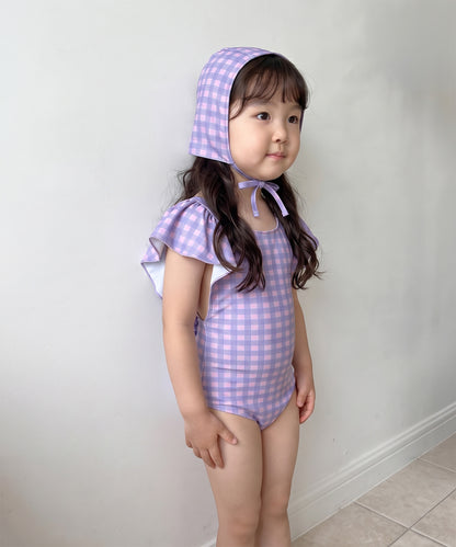 【aimoha-KIDS-】フリルショルダーワンピース水着（スイムキャップ付き）