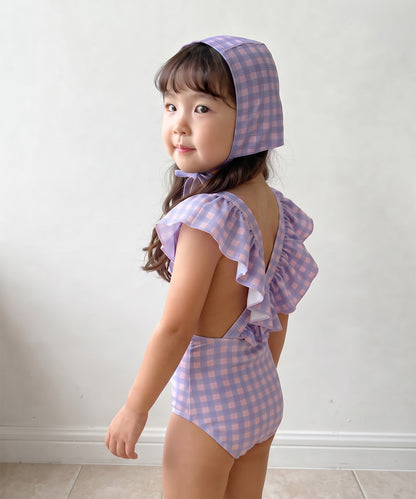 【aimoha-KIDS-】フリルショルダーワンピース水着（スイムキャップ付き）