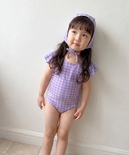 【aimoha-KIDS-】フリルショルダーワンピース水着（スイムキャップ付き）