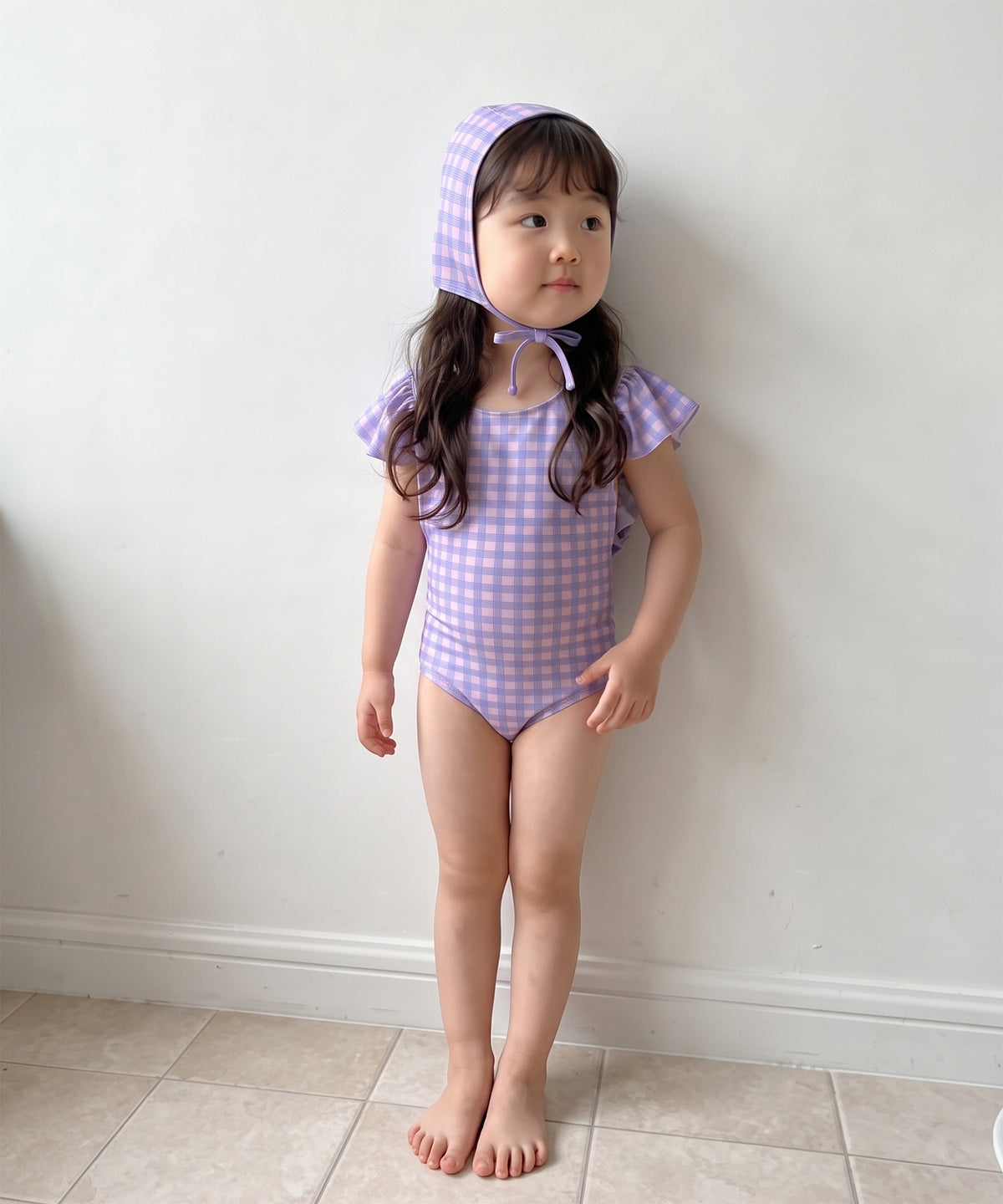 【aimoha-KIDS-】フリルショルダーワンピース水着（スイムキャップ付き）
