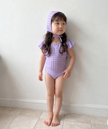 【aimoha-KIDS-】フリルショルダーワンピース水着（スイムキャップ付き）