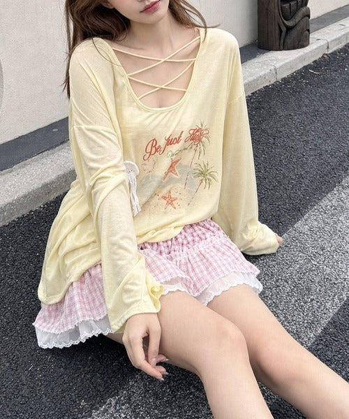 HOOK for girls　マリンプリントレースアップ長袖ルーズトップス