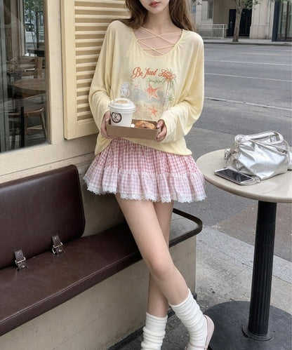 HOOK for girls　マリンプリントレースアップ長袖ルーズトップス