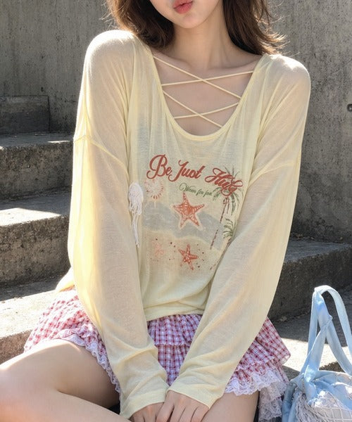 HOOK for girls　マリンプリントレースアップ長袖ルーズトップス