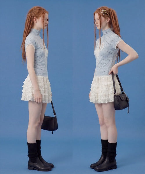 HOOK for girls　総ドット柄 タートルネック 半袖スリムトップス (SS)