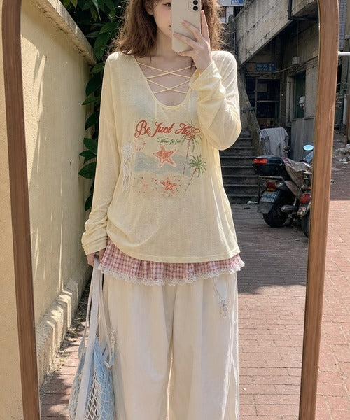 HOOK for girls　マリンプリントレースアップ長袖ルーズトップス