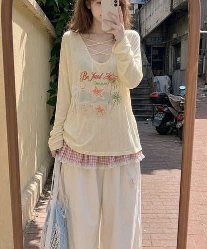 HOOK for girls　マリンプリントレースアップ長袖ルーズトップス
