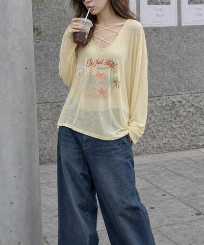 HOOK for girls　マリンプリントレースアップ長袖ルーズトップス
