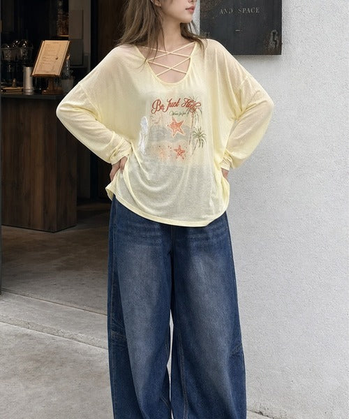 HOOK for girls　マリンプリントレースアップ長袖ルーズトップス