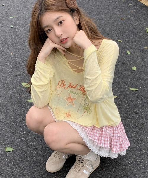 HOOK for girls　マリンプリントレースアップ長袖ルーズトップス