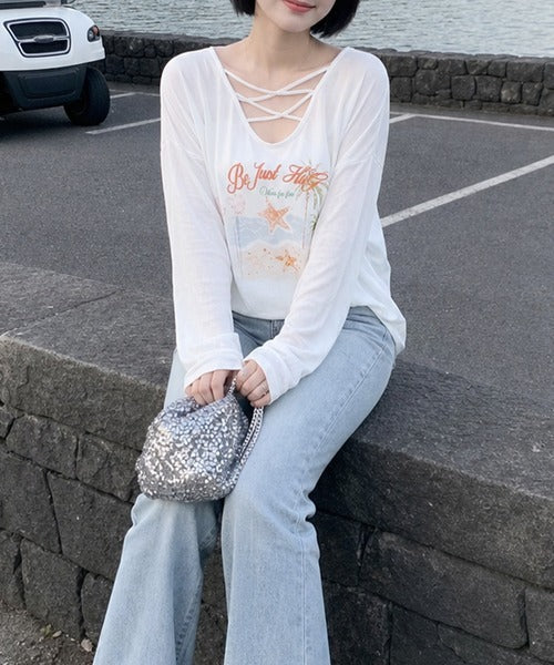 HOOK for girls　マリンプリントレースアップ長袖ルーズトップス