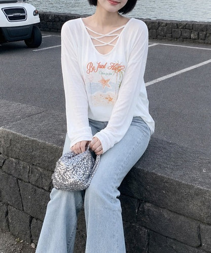 HOOK for girls　マリンプリントレースアップ長袖ルーズトップス