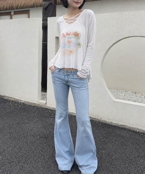 HOOK for girls　マリンプリントレースアップ長袖ルーズトップス