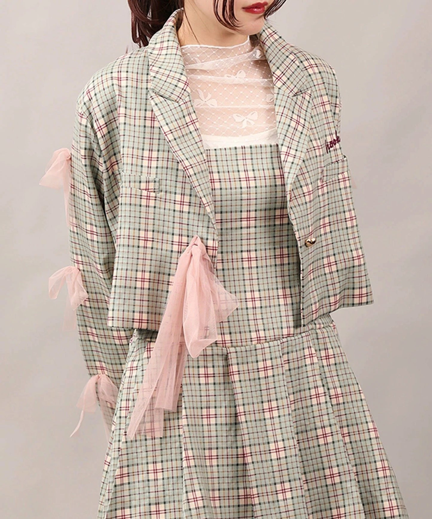 【HOOK】for　girls　リボン柄ダイヤチェックドットシアートップス