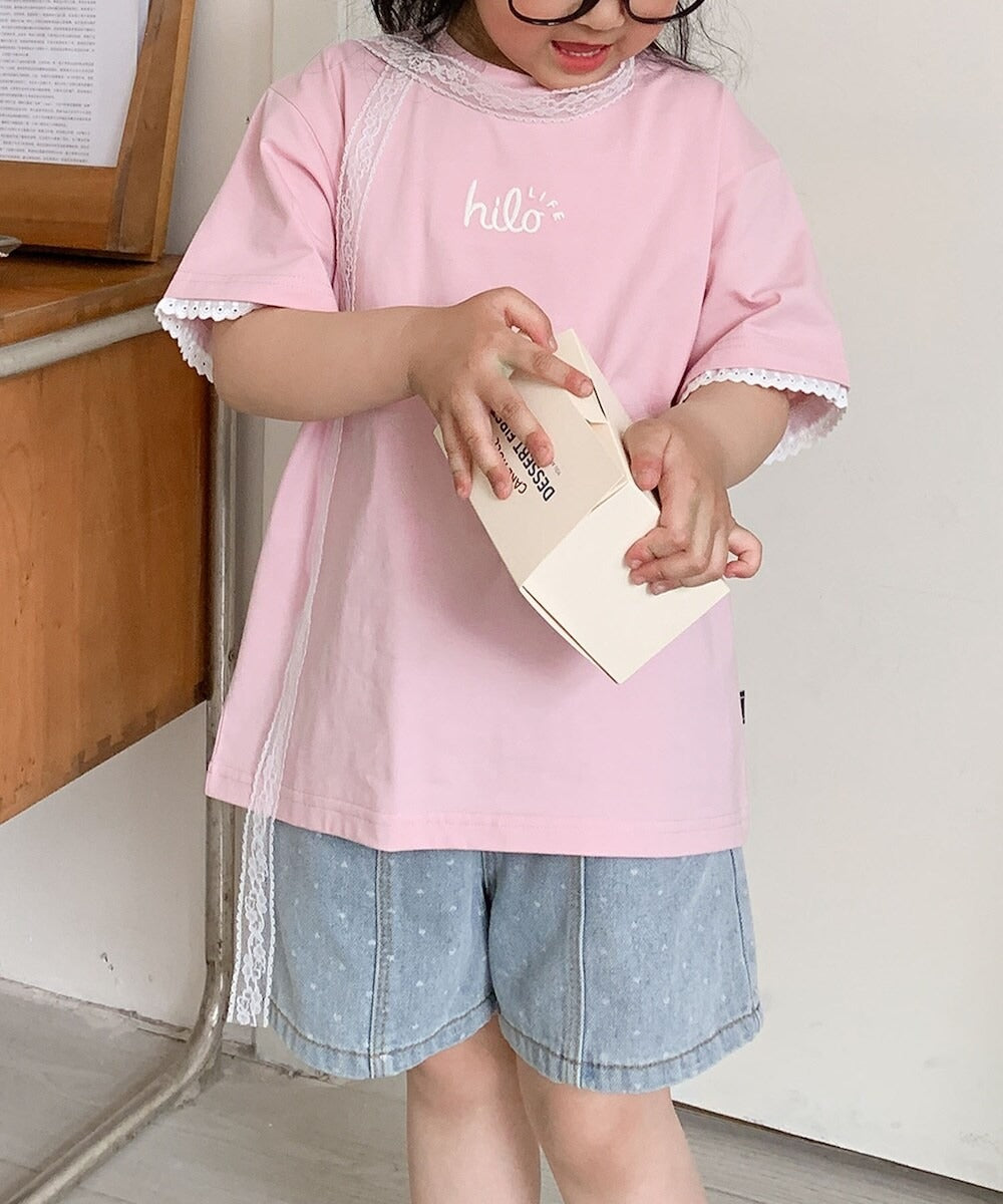 【aimoha-KIDS-】キッズ　袖裾レースTシャツ (SS)