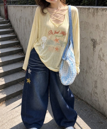 HOOK for girls　マリンプリントレースアップ長袖ルーズトップス