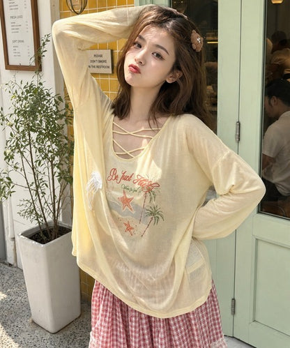HOOK for girls　マリンプリントレースアップ長袖ルーズトップス