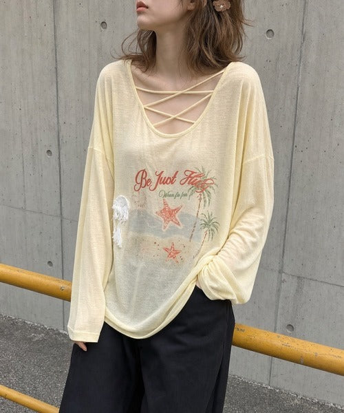 HOOK for girls　マリンプリントレースアップ長袖ルーズトップス