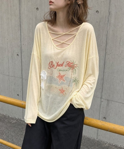 HOOK for girls　マリンプリントレースアップ長袖ルーズトップス