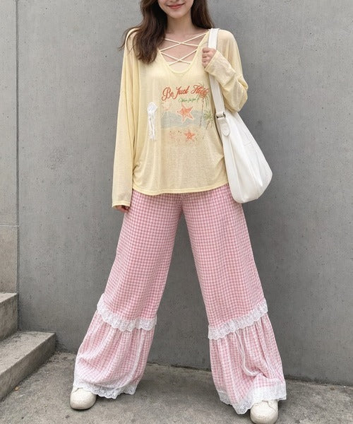 HOOK for girls　マリンプリントレースアップ長袖ルーズトップス