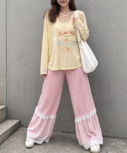 HOOK for girls　マリンプリントレースアップ長袖ルーズトップス
