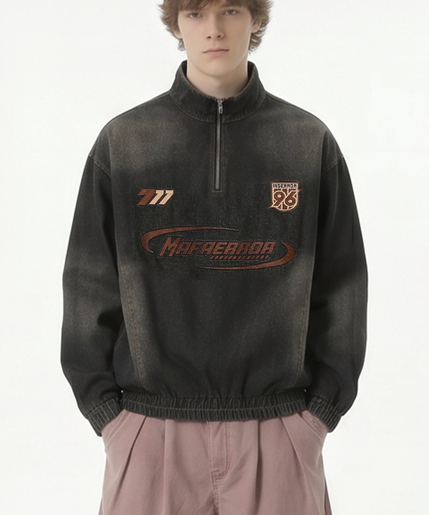 HOOK -select- Racing Embroidered Washed Denim Half-Zip